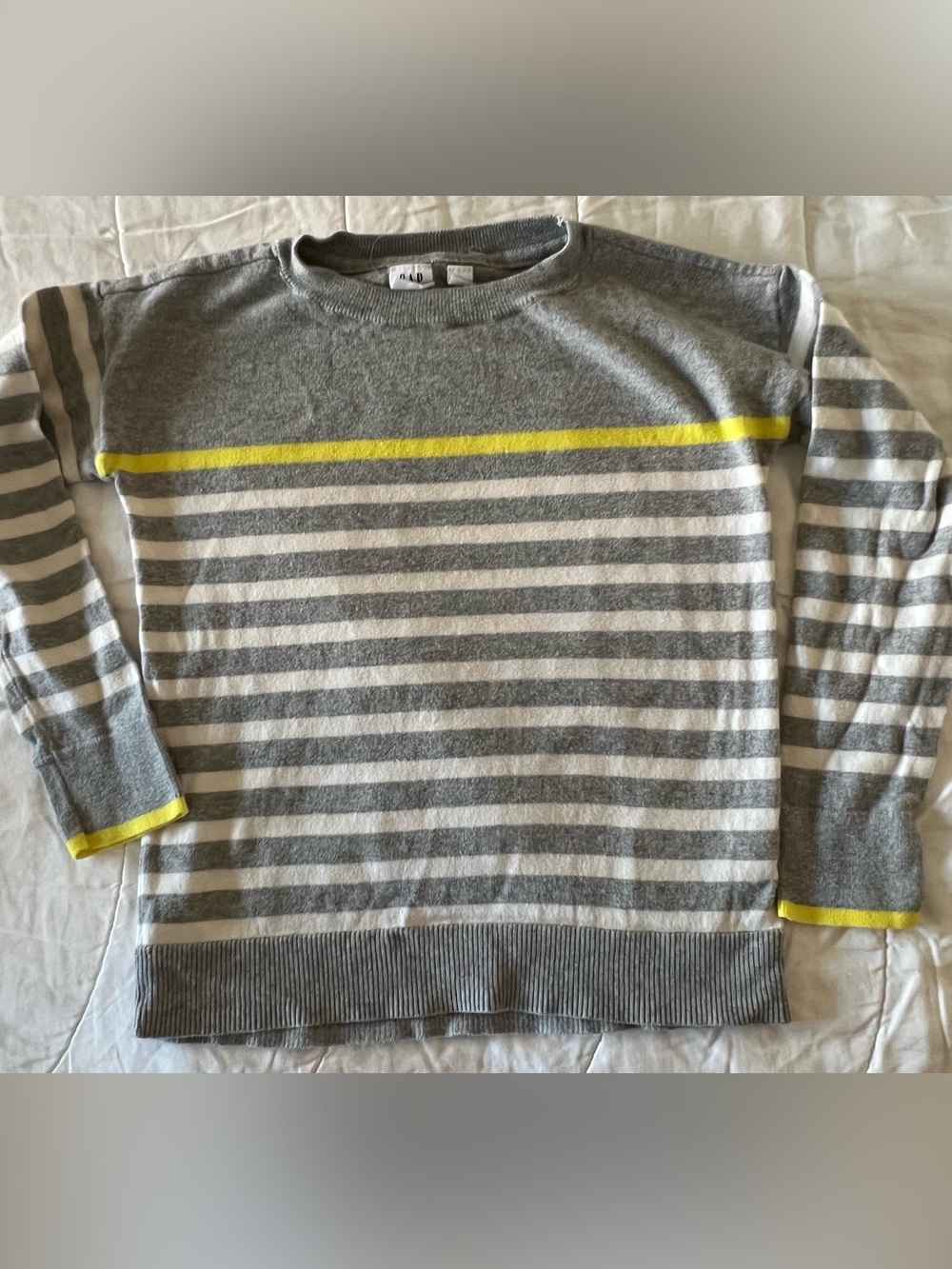 GAP Kids Gray and White Striped Crewneck Sweater with Yellow Stripe